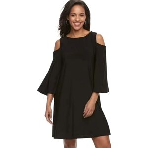 Nina Leonard Black Cold Shoulder Bell Sleeve Swing Dress w/ Pockets Size L